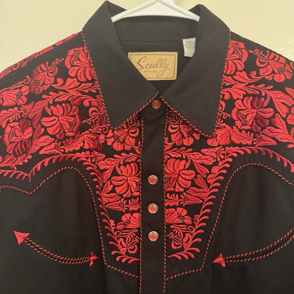 Scully Gunfighter Western Snap Front Shirt Men's L Black/ Red Floral Embroidery - Picture 6 of 12